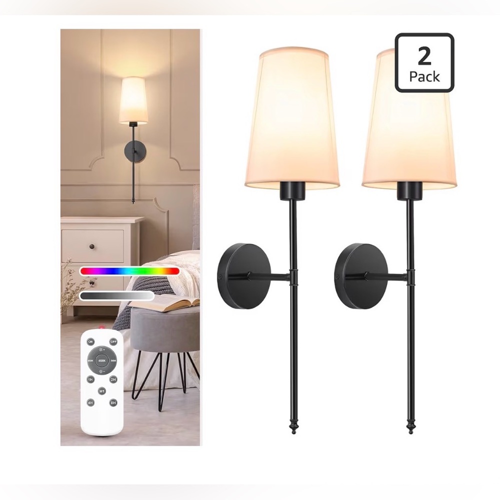 Set of 2 Rechargeable battery operated Wall Lights  Dimmable  Remote Wireless